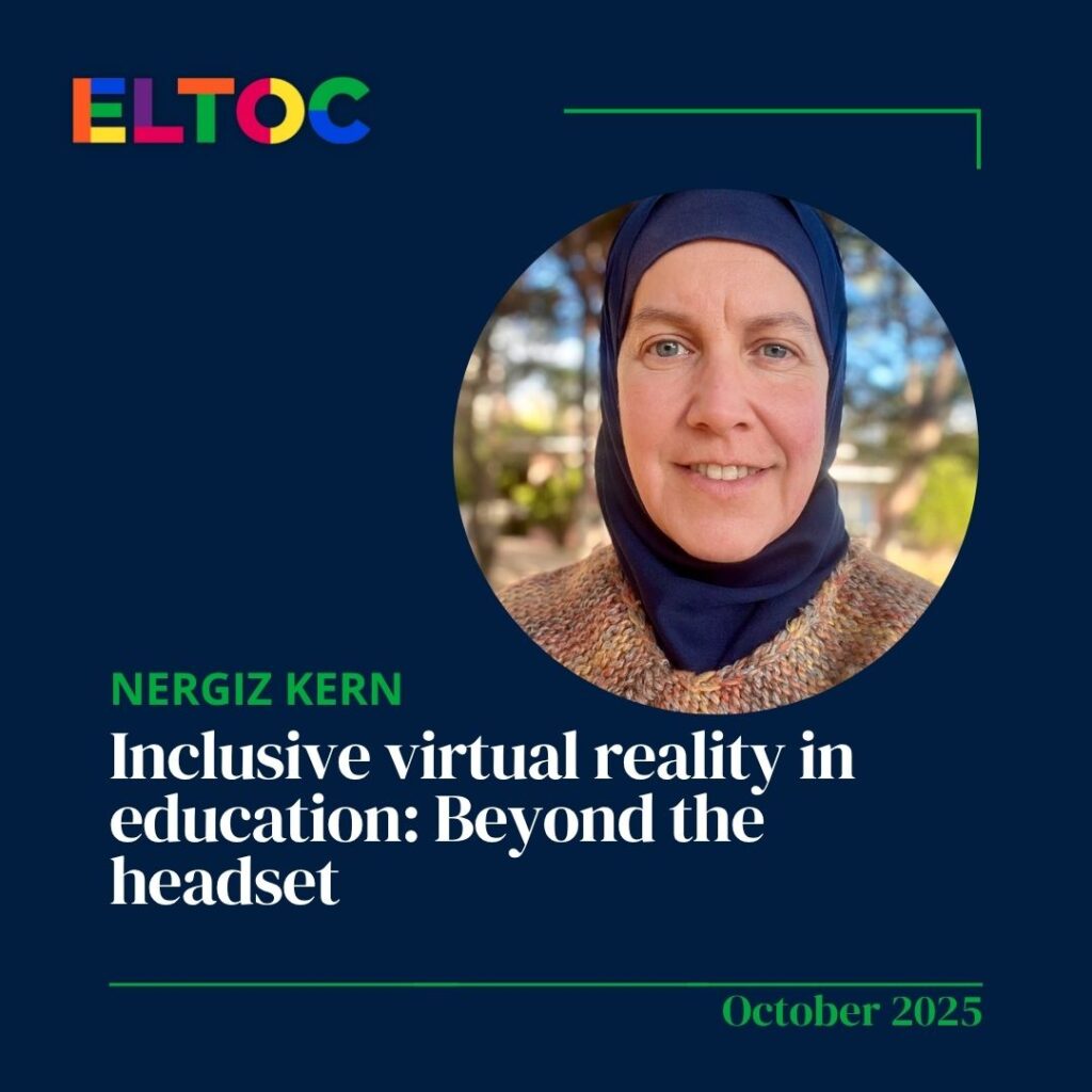 A social media image with the ELTOC logo, the presenter's name 'Nergiz Kern', the presentation title 'Inclusive Virtual Reality in Education: Beyond the Headset', and the date.
